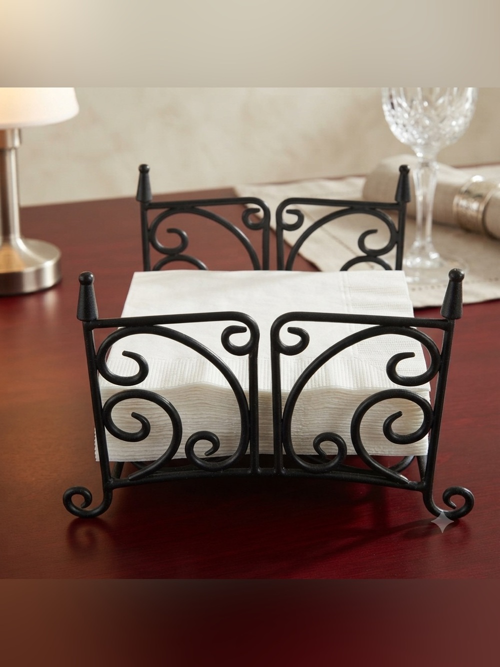 Napkin Holder- Flat Lay, Black Metal Napkin Holder. 6” x 6” napkin size